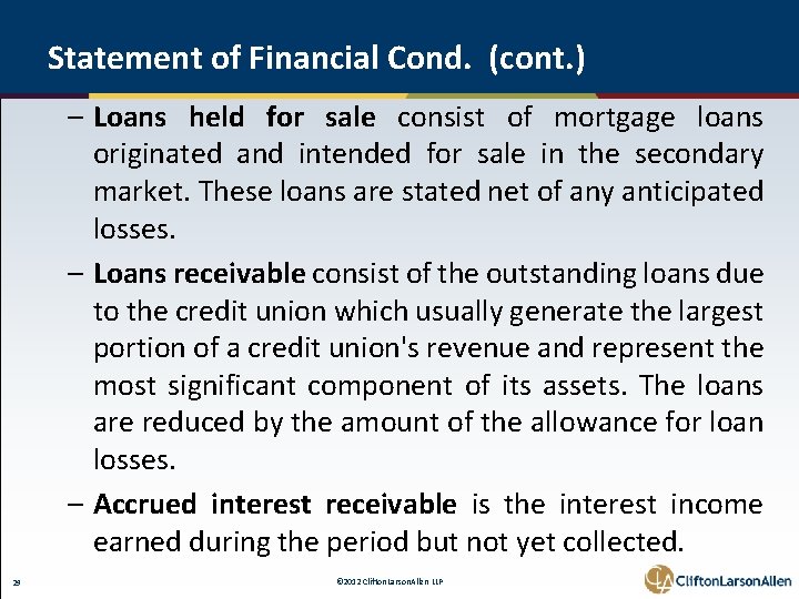 Statement of Financial Cond. (cont. ) – Loans held for sale consist of mortgage