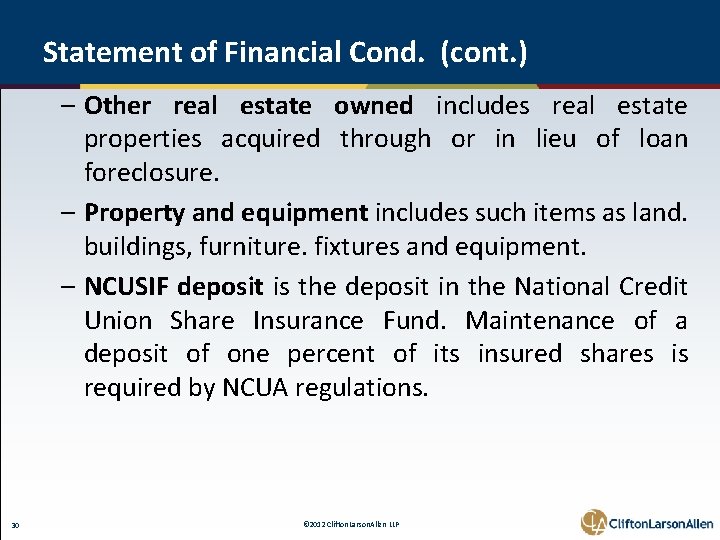 Statement of Financial Cond. (cont. ) – Other real estate owned includes real estate