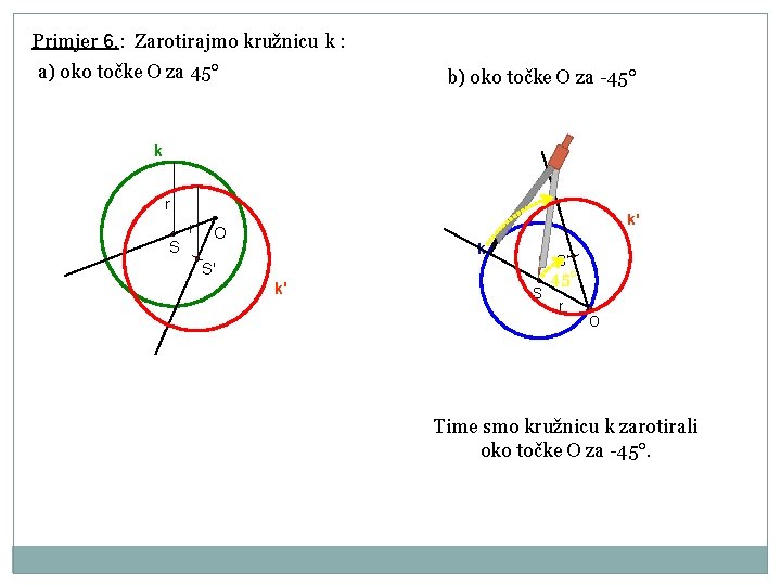 Primjer 6. : Zarotirajmo kružnicu k : a) oko točke O za 45° b)