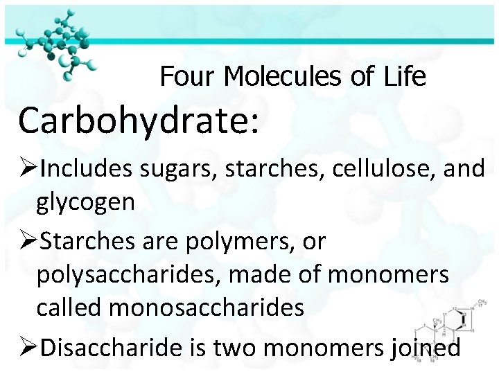 Four Molecules of Life Carbohydrate: ØIncludes sugars, starches, cellulose, and glycogen ØStarches are polymers,