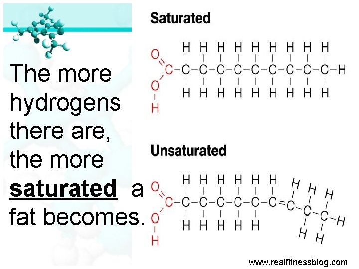The more hydrogens there are, the more saturated a fat becomes. www. realfitnessblog. com