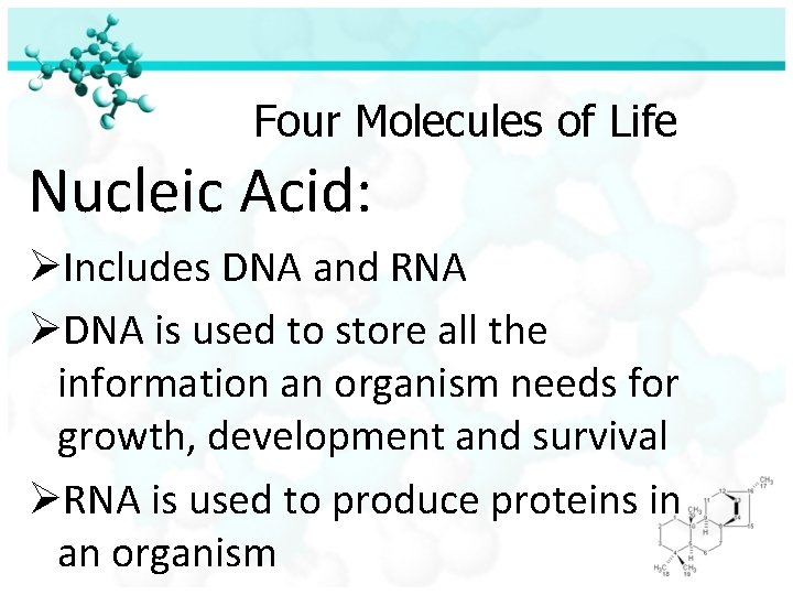Four Molecules of Life Nucleic Acid: ØIncludes DNA and RNA ØDNA is used to