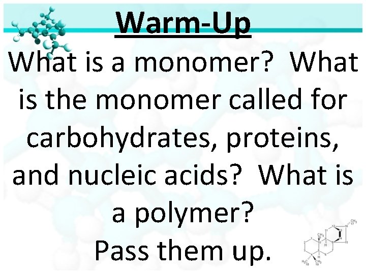 Warm-Up What is a monomer? What is the monomer called for carbohydrates, proteins, and