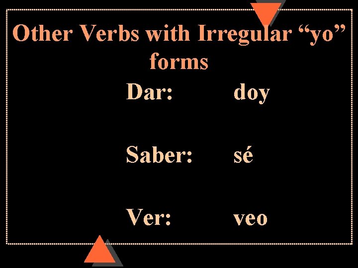 Other Verbs with Irregular “yo” forms Dar: doy Saber: sé Ver: veo 