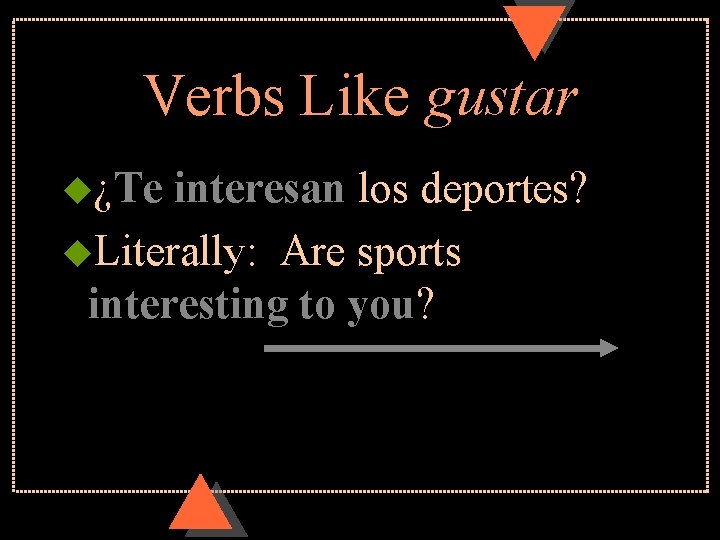 Verbs Like gustar u¿Te interesan los deportes? u. Literally: Are sports interesting to you?