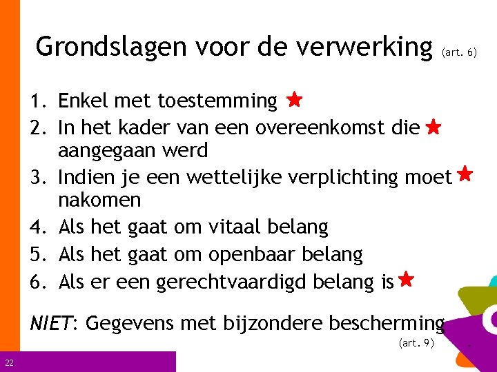 Grondslagen voor de verwerking (art. 6) 1. Enkel met toestemming 2. In het kader