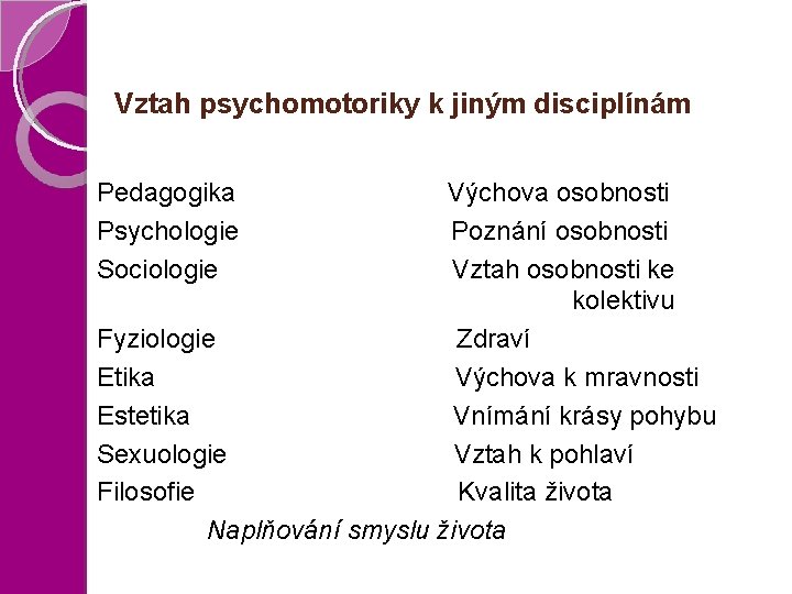 Vztah psychomotoriky k jiným disciplínám Pedagogika Psychologie Sociologie Výchova osobnosti Poznání osobnosti Vztah osobnosti