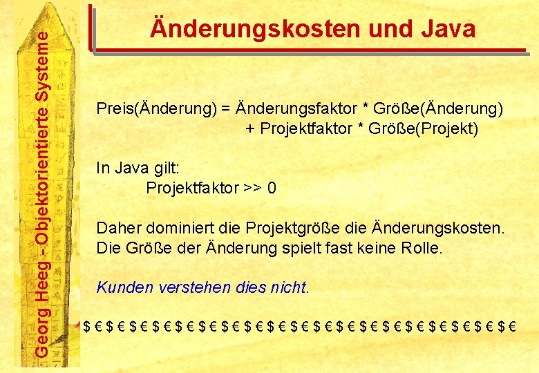 Georg Heeg - Objektorientierte Systeme Änderungskosten und Java Preis(Änderung) = Änderungsfaktor * Größe(Änderung) +