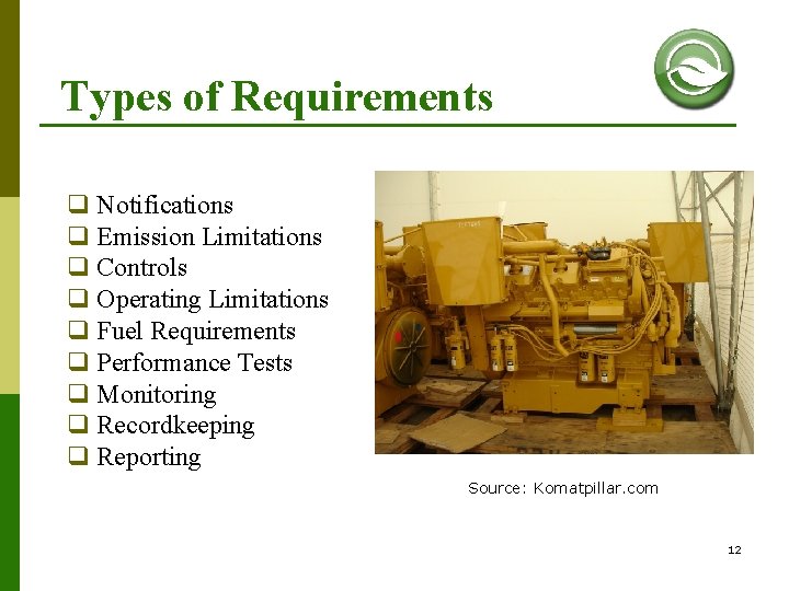 Types of Requirements q Notifications q Emission Limitations q Controls q Operating Limitations q