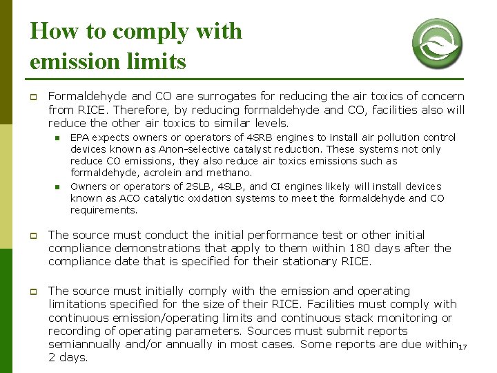 How to comply with emission limits p Formaldehyde and CO are surrogates for reducing