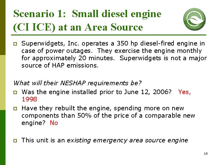 Scenario 1: Small diesel engine (CI ICE) at an Area Source p Superwidgets, Inc.