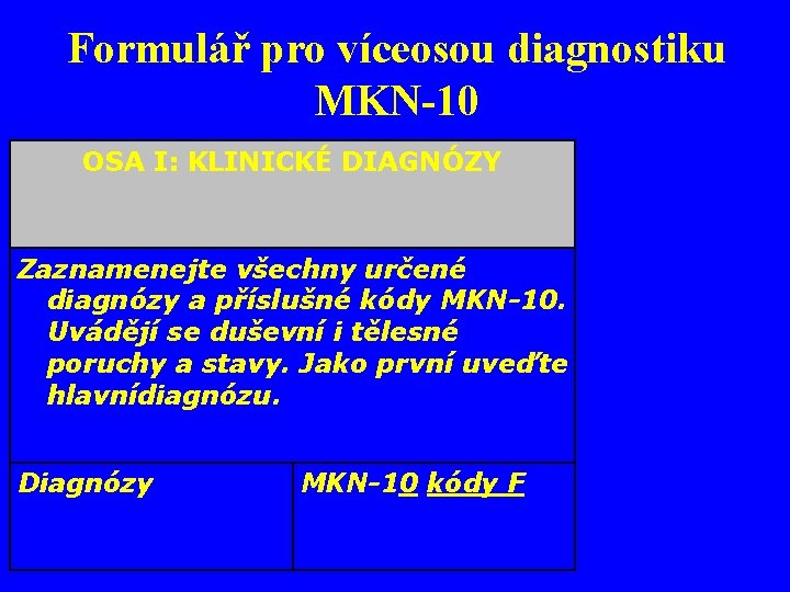 Formulář pro víceosou diagnostiku MKN-10 OSA I: KLINICKÉ DIAGNÓZY Zaznamenejte všechny určené diagnózy a