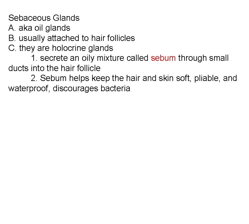 Sebaceous Glands A. aka oil glands B. usually attached to hair follicles C. they