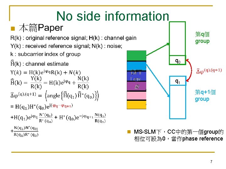 n No side information 第q個 group q 0 q 1 第q+1個 group n MS-SLM下，CC中的第一個group的