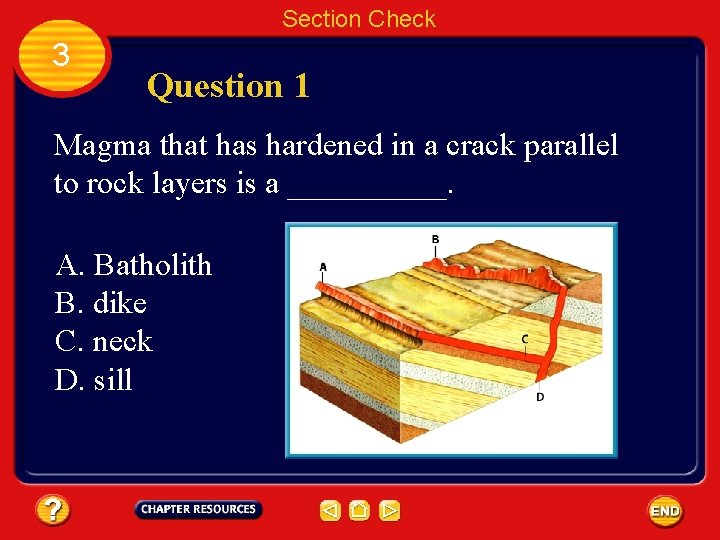 Section Check 3 Question 1 Magma that has hardened in a crack parallel to