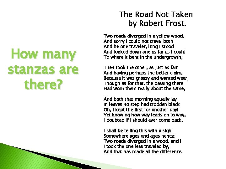 The Road Not Taken by Robert Frost. How many stanzas are there? Two roads