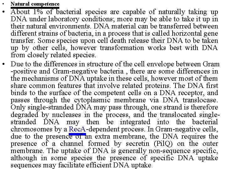  • Natural competence • About 1% of bacterial species are capable of naturally