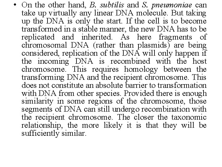 • On the other hand, B. subtilis and S. pneumoniae can take up  • On the other hand, B. subtilis and S. pneumoniae can take up