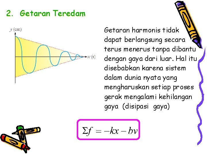 2. Getaran Teredam Getaran harmonis tidak dapat berlangsung secara terus menerus tanpa dibantu dengan