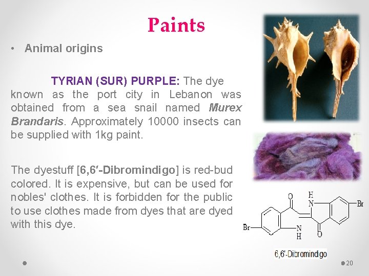 Paints • Animal origins TYRIAN (SUR) PURPLE: The dye known as the port city