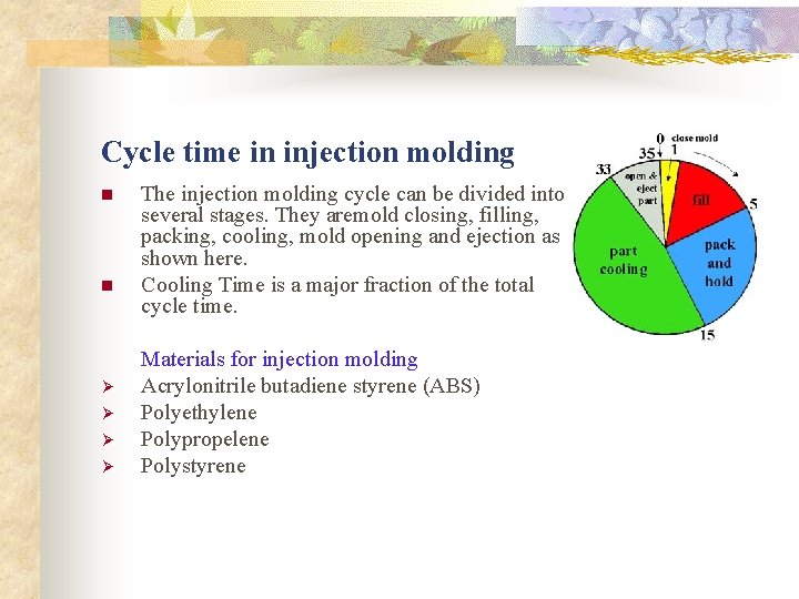 Cycle time in injection molding n n Ø Ø The injection molding cycle can
