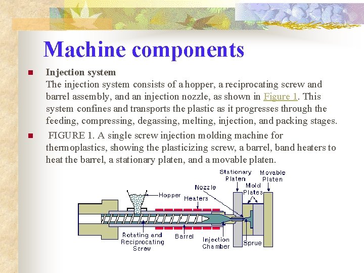 Machine components n n Injection system The injection system consists of a hopper, a