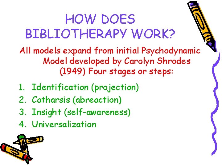 HOW DOES BIBLIOTHERAPY WORK? All models expand from initial Psychodynamic Model developed by Carolyn