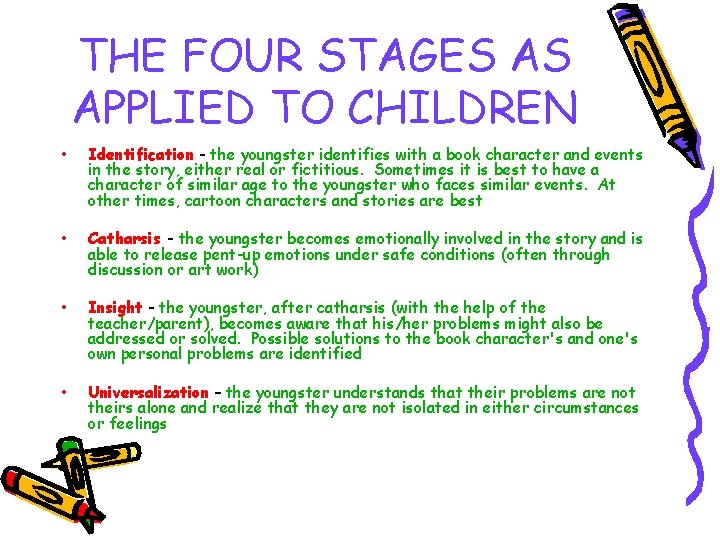 THE FOUR STAGES AS APPLIED TO CHILDREN • Identification - the youngster identifies with