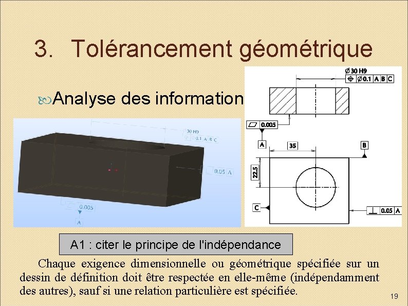 3. Tolérancement géométrique Analyse des informations A 1 : citer le principe de l'indépendance