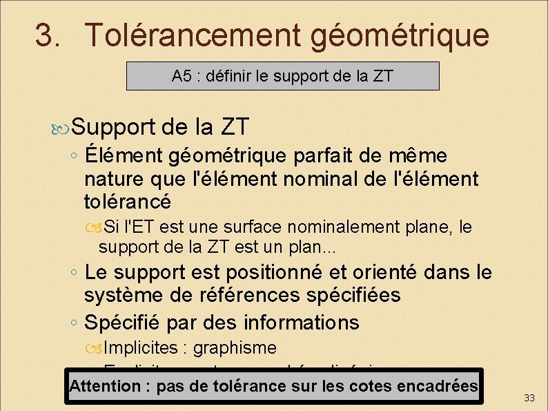 3. Tolérancement géométrique A 5 : définir le support de la ZT Support de