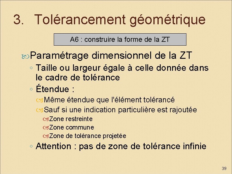 3. Tolérancement géométrique A 6 : construire la forme de la ZT Paramétrage dimensionnel