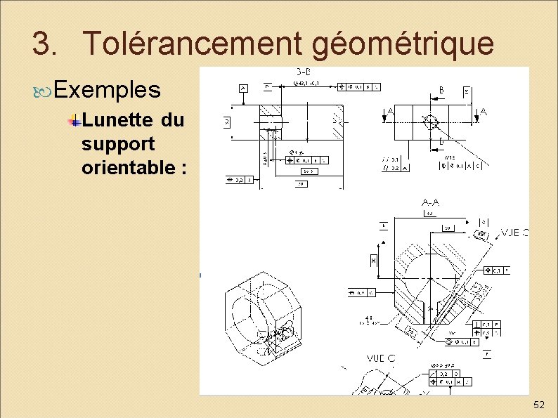 3. Tolérancement géométrique Exemples Lunette du support orientable : 52 