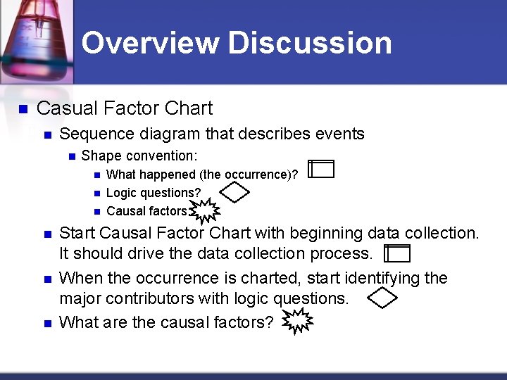 Overview Discussion n Casual Factor Chart n Sequence diagram that describes events n Shape