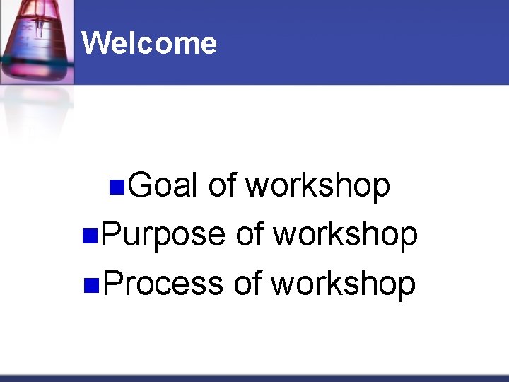 Welcome n. Goal of workshop n. Purpose of workshop n. Process of workshop 