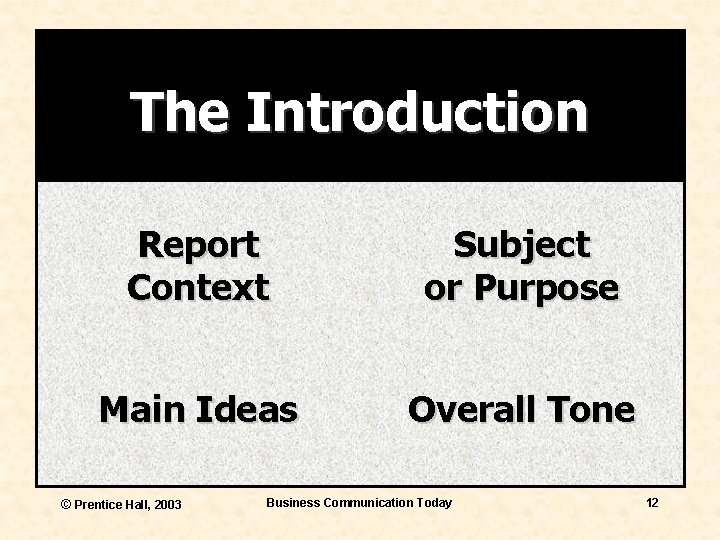 The Introduction Report Context Subject or Purpose Main Ideas Overall Tone © Prentice Hall,