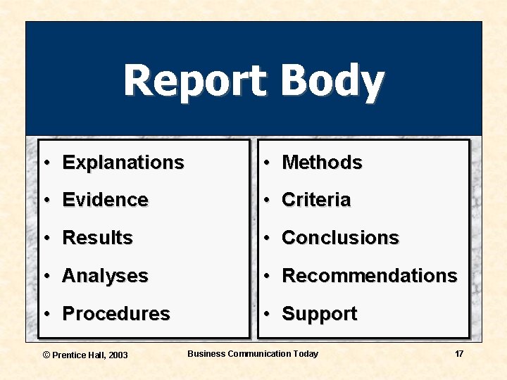 Report Body • Explanations • Methods • Evidence • Criteria • Results • Conclusions