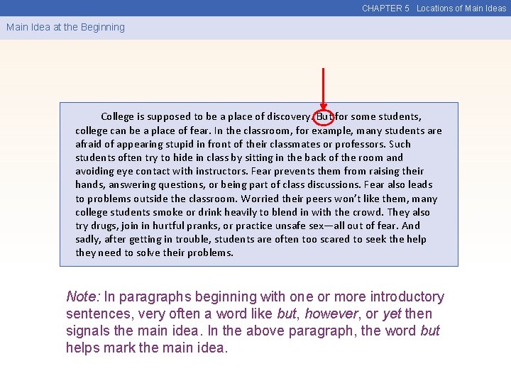 CHAPTER 5 Locations of Main Ideas Main Idea at the Beginning College is supposed