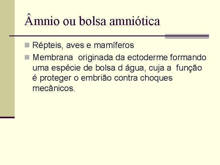  mnio ou bolsa amniótica n Répteis, aves e mamíferos n Membrana originada da