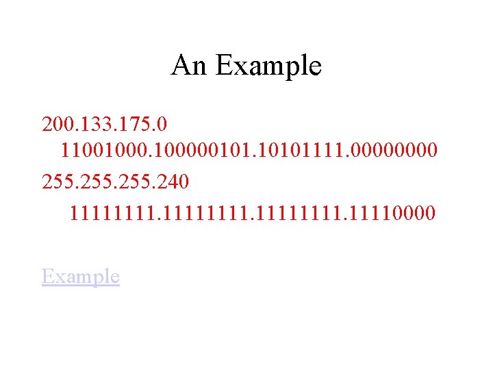 An Example 200. 133. 175. 0 1100100000101. 10101111. 0000 255. 240 11111111. 11110000 Example