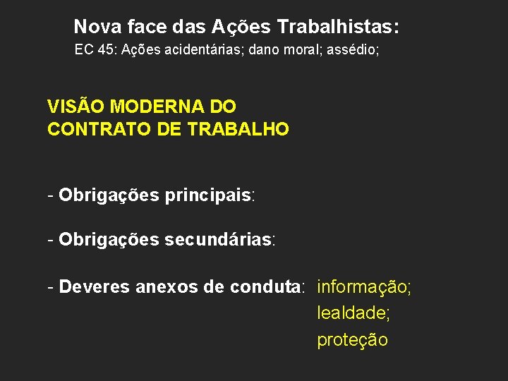 Nova face das Ações Trabalhistas: EC 45: Ações acidentárias; dano moral; assédio; VISÃO MODERNA