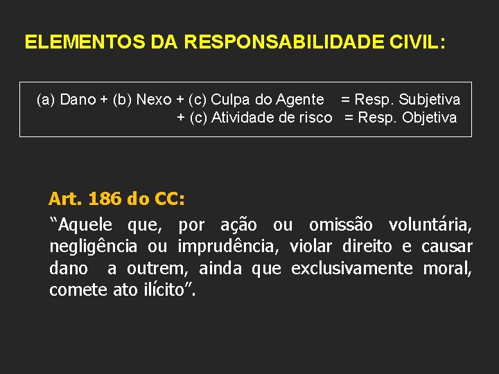 ELEMENTOS DA RESPONSABILIDADE CIVIL: (a) Dano + (b) Nexo + (c) Culpa do Agente