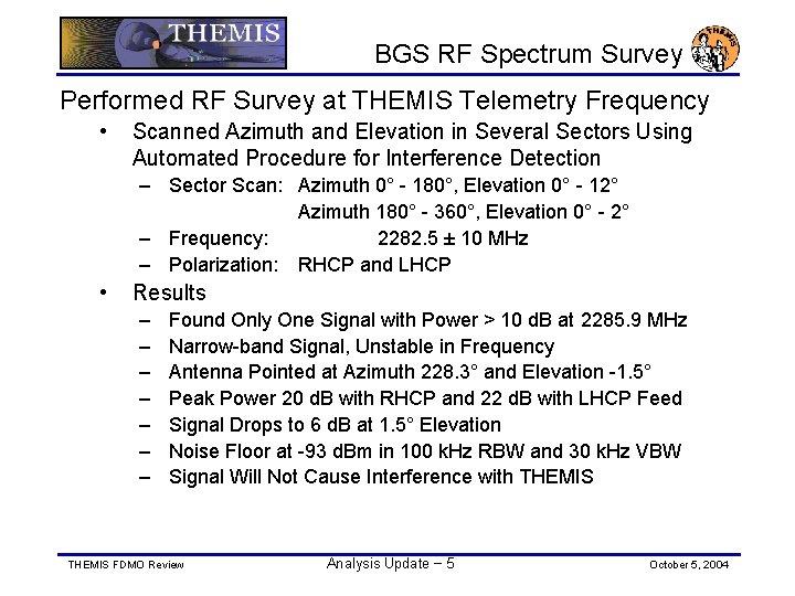 BGS RF Spectrum Survey Performed RF Survey at THEMIS Telemetry Frequency • Scanned Azimuth