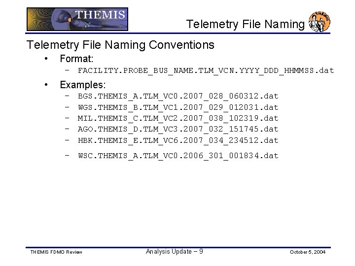 Telemetry File Naming Conventions • Format: – FACILITY. PROBE_BUS_NAME. TLM_VCN. YYYY_DDD_HHMMSS. dat • Examples: