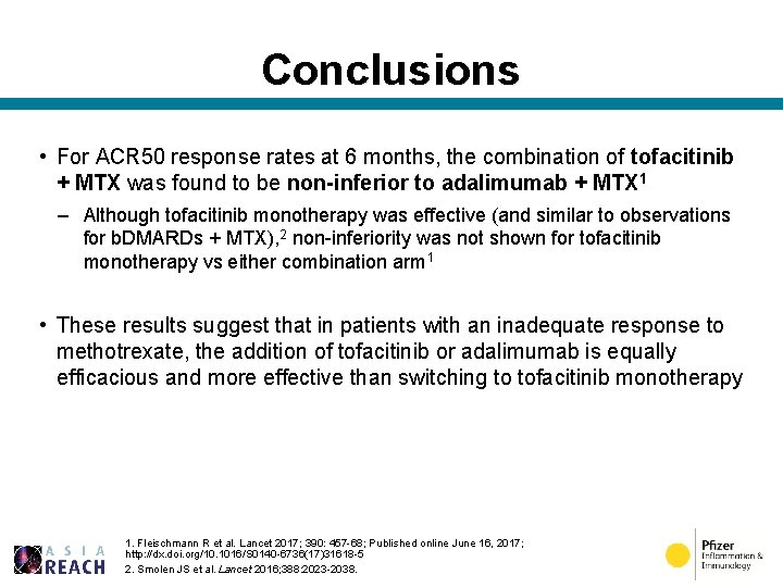 Conclusions • For ACR 50 response rates at 6 months, the combination of tofacitinib