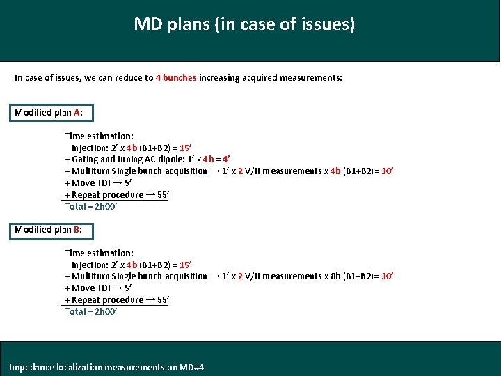 MD plans (in case of issues) In case of issues, we can reduce to