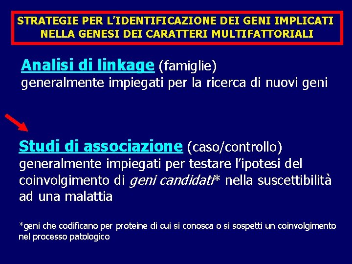 STRATEGIE PER L’IDENTIFICAZIONE DEI GENI IMPLICATI NELLA GENESI DEI CARATTERI MULTIFATTORIALI Analisi di linkage