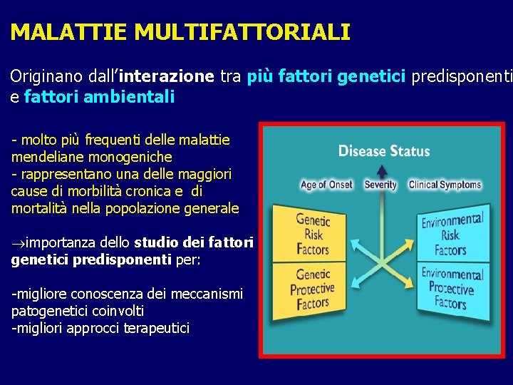 MALATTIE MULTIFATTORIALI Originano dall’interazione tra più fattori genetici predisponenti e fattori ambientali - molto