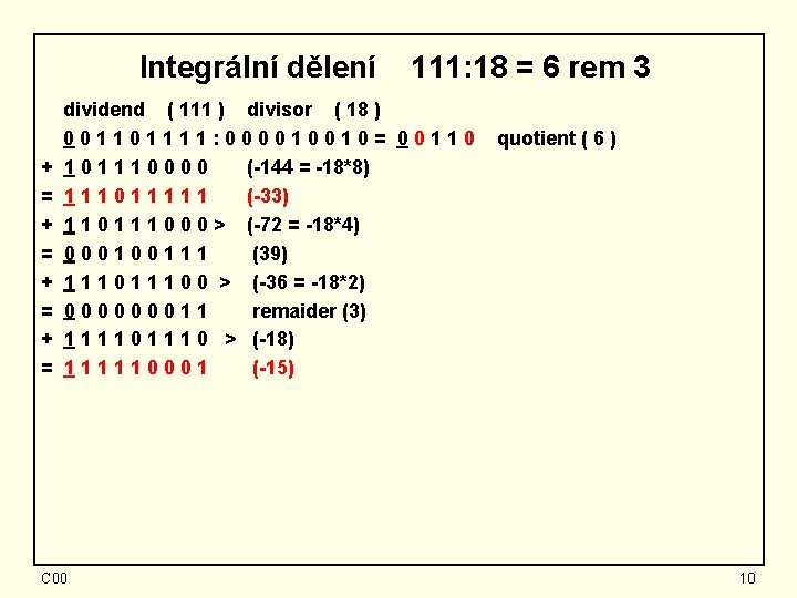 Integrální dělení + = + = 111: 18 = 6 rem 3 dividend (