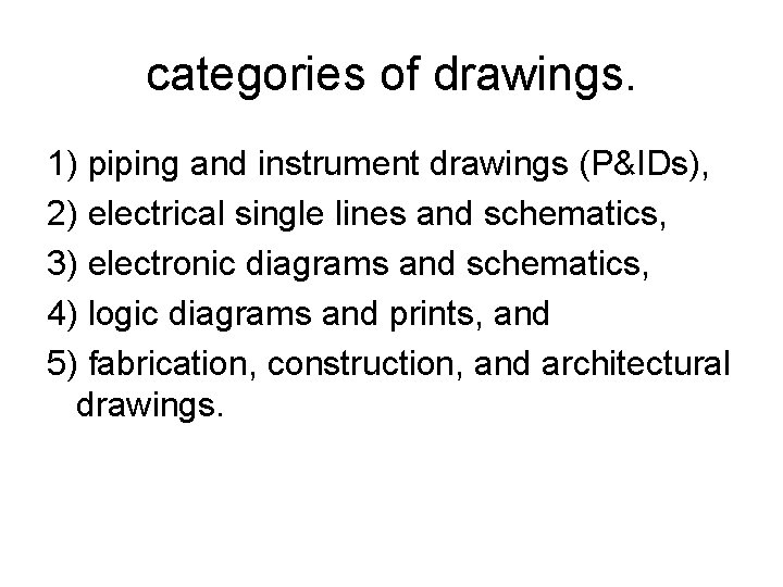 categories of drawings. 1) piping and instrument drawings (P&IDs), 2) electrical single lines and