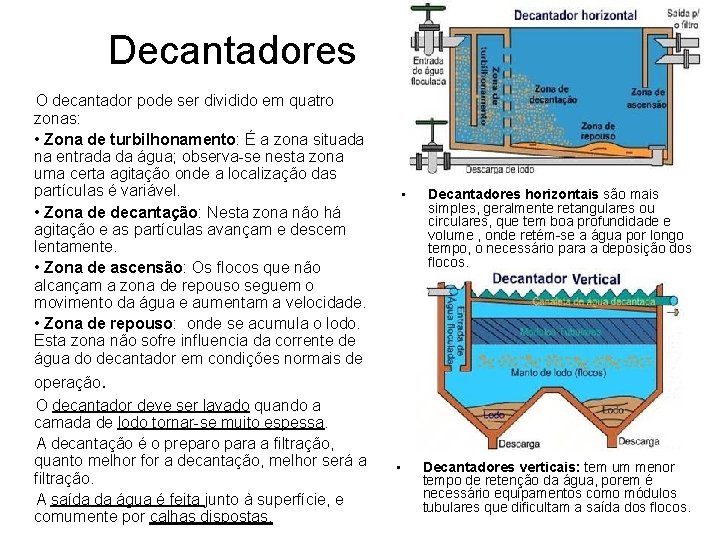 Decantadores O decantador pode ser dividido em quatro zonas: • Zona de turbilhonamento: É